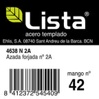 Etiqueta técnica azada forjada LISTA Nº2 con detalles de material y compatibilidad