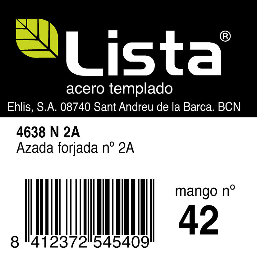 Etiqueta técnica azada forjada LISTA Nº2 con detalles de material y compatibilidad