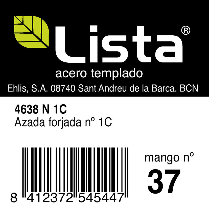 Etiqueta técnica de la azada forjada LISTA Nº1 con código de barras y referencia 4638 N 1C
