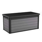 Arcón exterior KETER Premier 150 en color gris y negro con diseño de lamas horizontales y tapa reforzada.