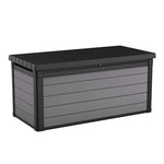 Arcón exterior KETER Premier 150 en color gris y negro con diseño de lamas horizontales y tapa reforzada.