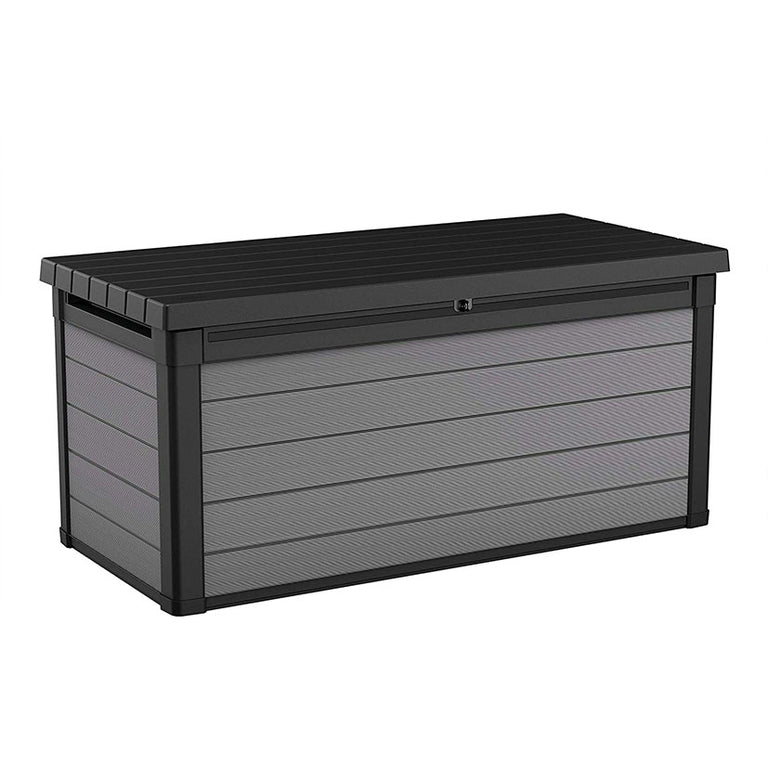 Arcón exterior KETER Premier 150 en color gris y negro con diseño de lamas horizontales y tapa reforzada.