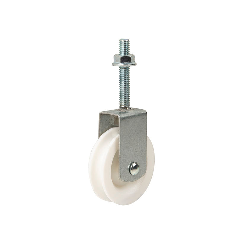 Polea para tendedero EHL con rueda de nilón de 40mm y espiga roscada M5 sin guarda.