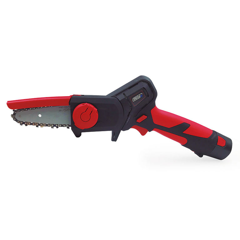 Mini motosierra a batería IREGA IRG-MT4 de 10.8V con espada de 10cm y diseño ergonómico en color rojo y negro