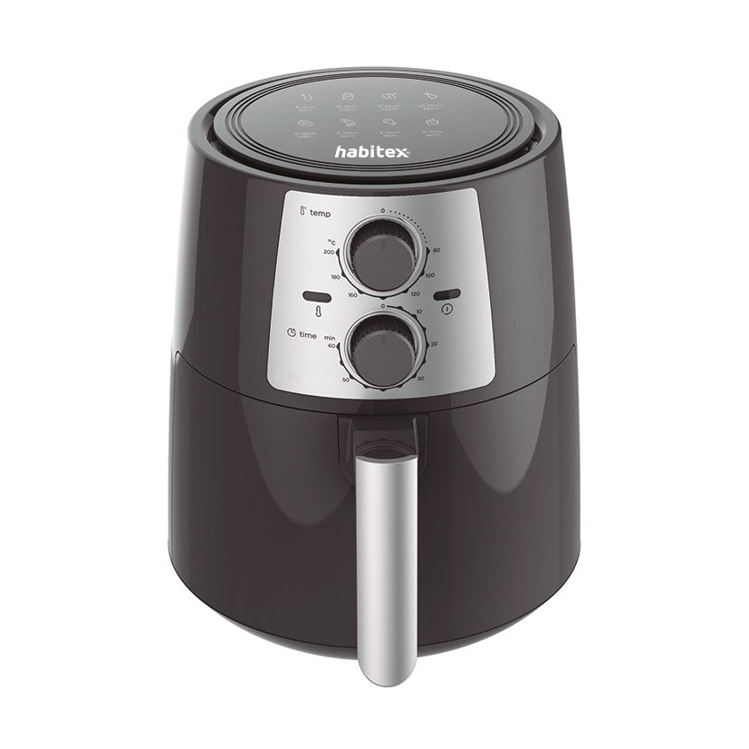 Freidora de aire caliente HABITEX CC4835 color negro con mandos analógicos de temperatura y tiempo.