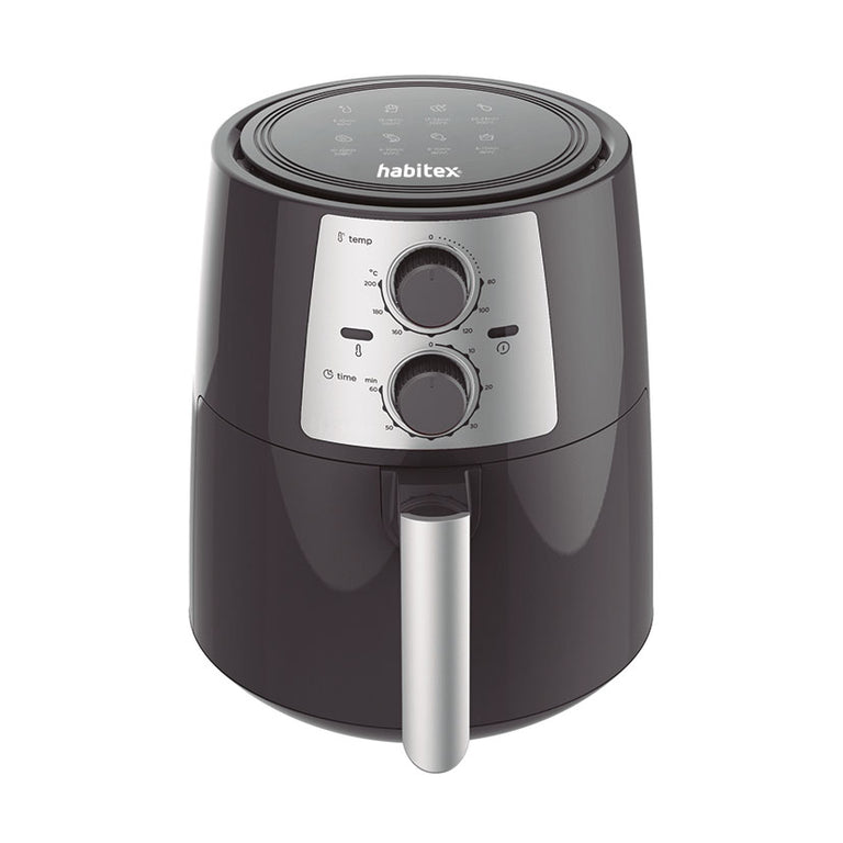 Freidora de aire caliente HABITEX CC4835 color negro con mandos analógicos de temperatura y tiempo.