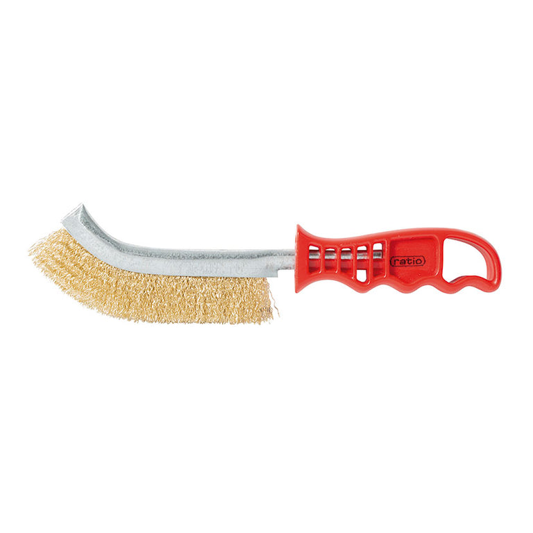 Cepillo de púas RATIO Spid con cerdas de acero latonado y mango ergonómico rojo para eliminar óxido.