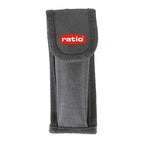 Funda de transporte de nylon negro con logotipo RATIO para navaja multiusos adaptable a cinturón.