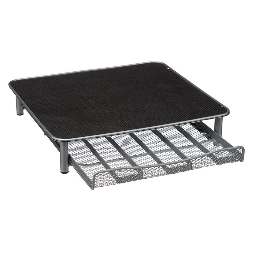 Soporte metálico para cafetera con cajón extraíble para cápsulas de café en color gris y negro.