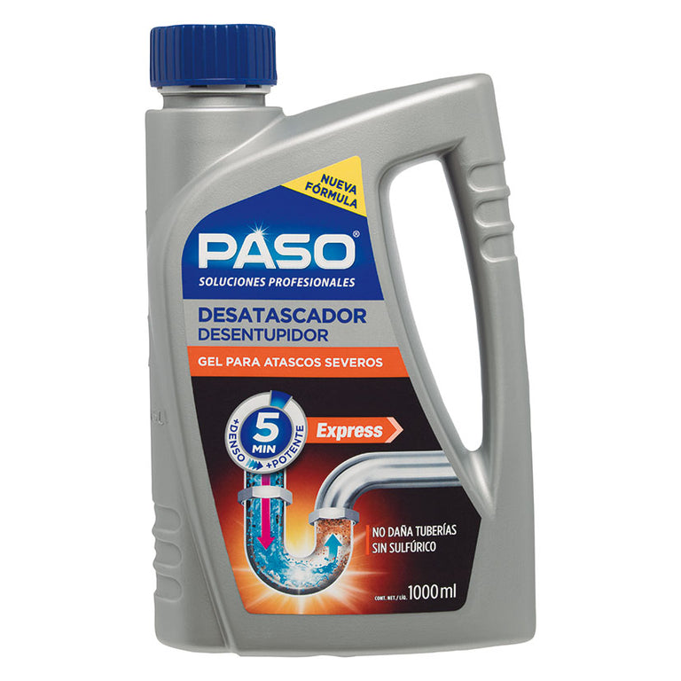 Envase de Desatascador Gel Profesional PASO 1000ml para atascos severos en tuberías y desagües