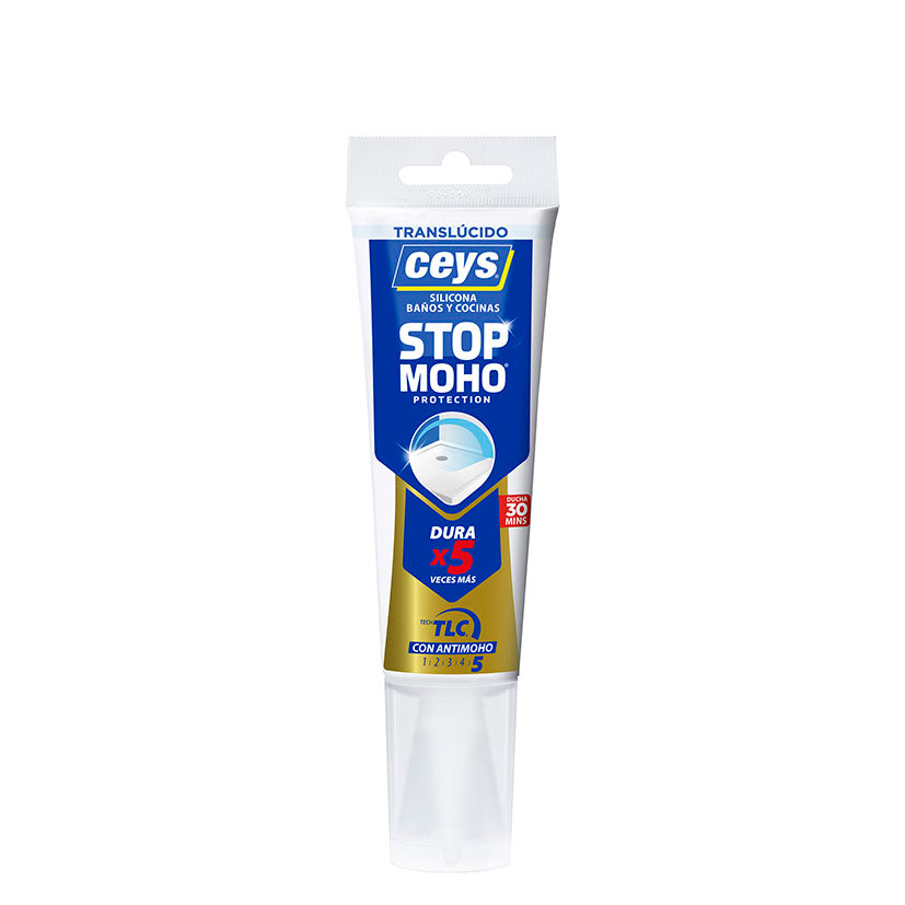 Tubo de silicona CEYS Stop Moho translúcida de 125ml para juntas pequeñas.