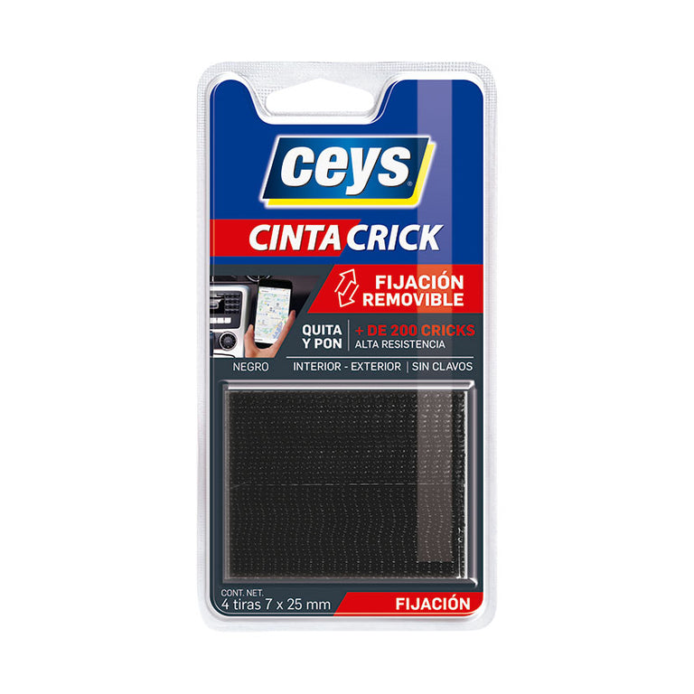 Blíster de cinta adhesiva Ceys Tackceys Crick negra con 4 tiras de fijación removible para coche y hogar.