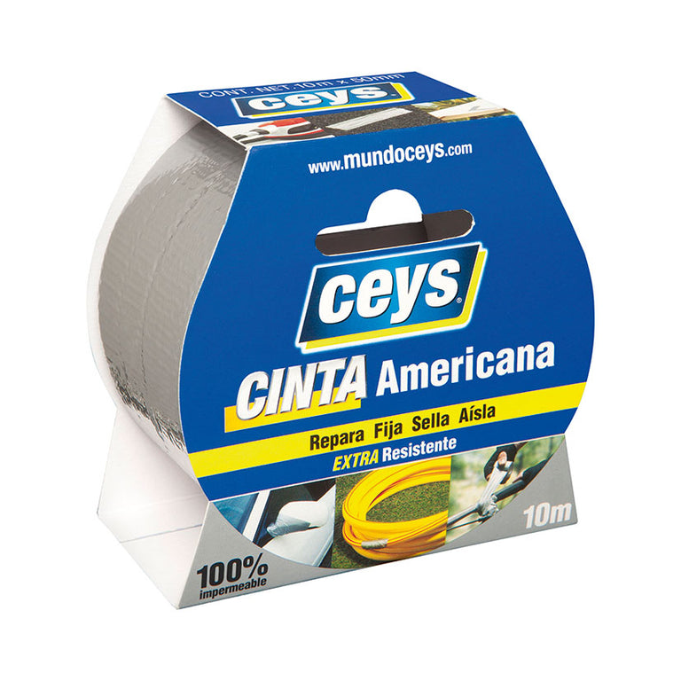 Cinta americana CEYS Tackceys color plata de 10 metros para reparaciones impermeables y extra resistentes.