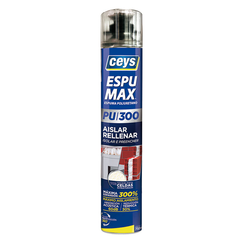 Espuma de poliuretano CEYS Espumax 750ml, alta expansión 300% y aislamiento acústico de 60dB para construcción.