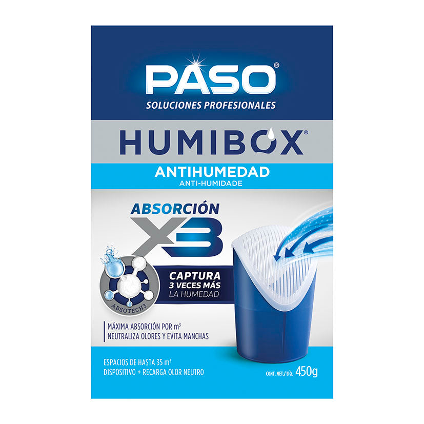 Dispositivo antihumedad PASO Humibox 450g con tecnología de triple absorción para espacios de 35 metros cúbicos.