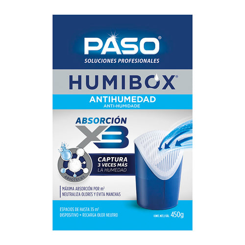 Dispositivo antihumedad PASO Humibox 450g con tecnología de triple absorción para espacios de 35 metros cúbicos.