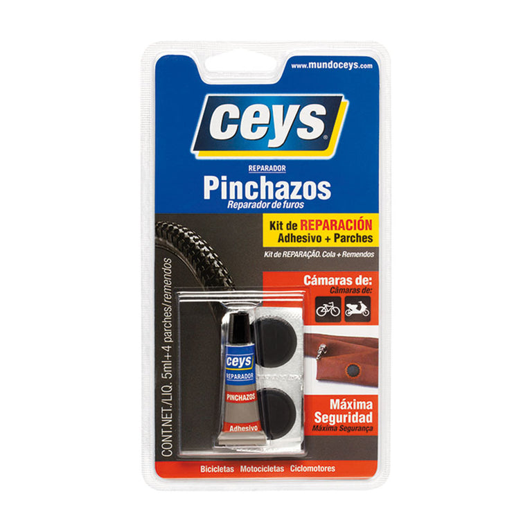 Kit reparador de pinchazos Ceys con tubo de adhesivo de 5ml y 4 parches para cámaras de bicicleta y moto