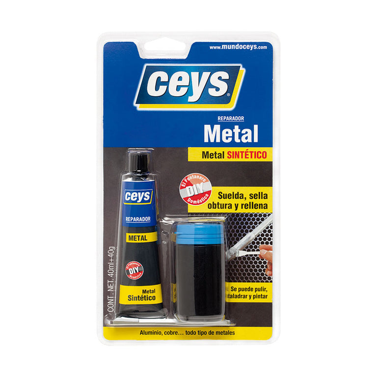Blíster de masilla reparadora Ceys Metalceys para metales, incluye tubo de resina y bote de polvo gris aluminio