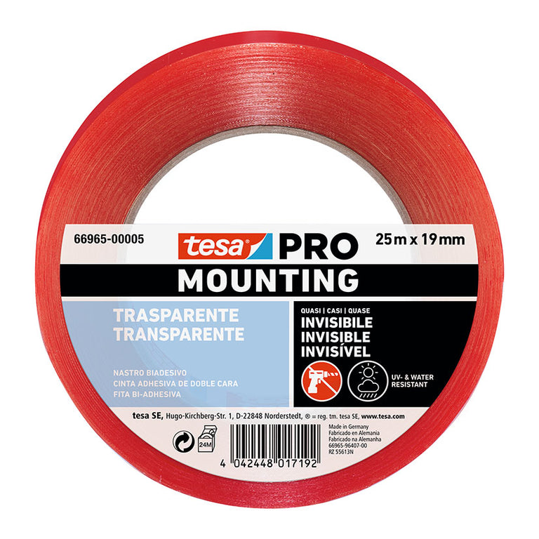 Rollo industrial de cinta doble cara tesa PRO Mounting transparente 25m x 19mm