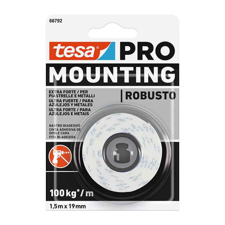 Blíster de cinta adhesiva de doble cara tesa PRO Mounting Robusto de 1,5m x 19mm para fijación extra fuerte.