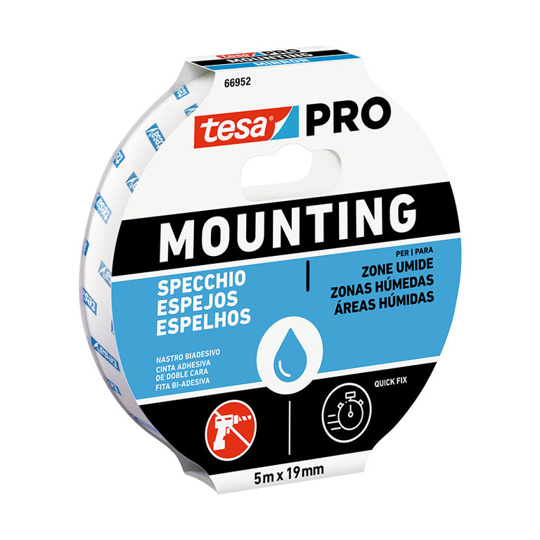 Cinta de montaje tesa PRO 66952 para espejos en zonas húmedas, rollo de 5m x 19mm.