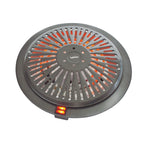 Brasero eléctrico Habitex E351 encendido con resistencias visibles y rejilla de seguridad circular.