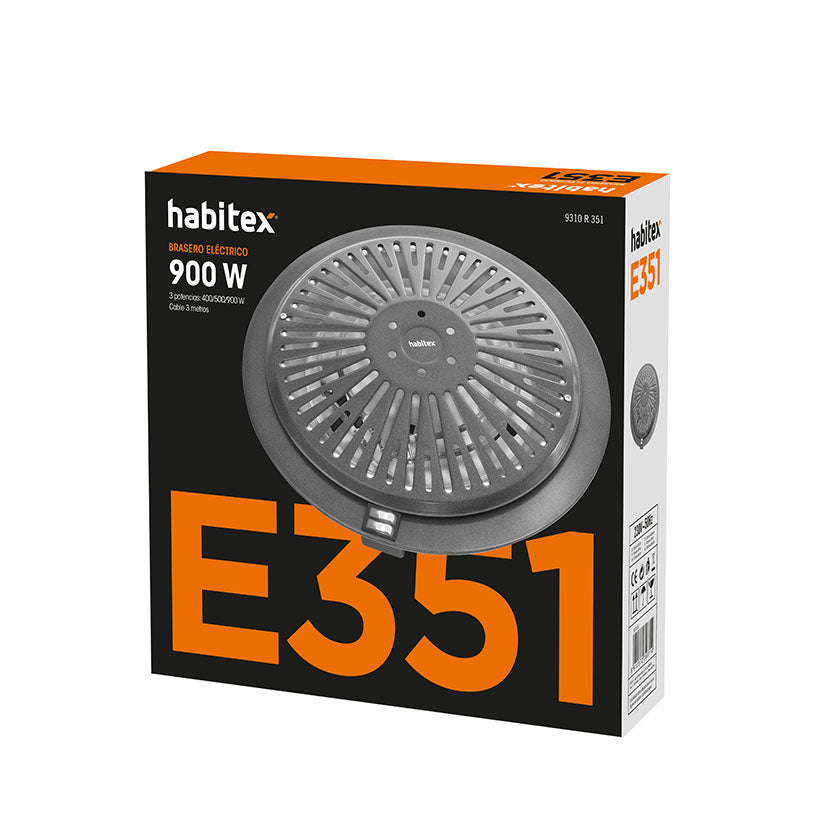 Caja de embalaje del brasero eléctrico Habitex E351 de 900W con detalles de potencia y dimensiones.