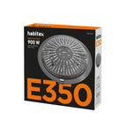 Caja de embalaje del brasero eléctrico Habitex E350 destacando potencia de 900W y cable de 2 metros.