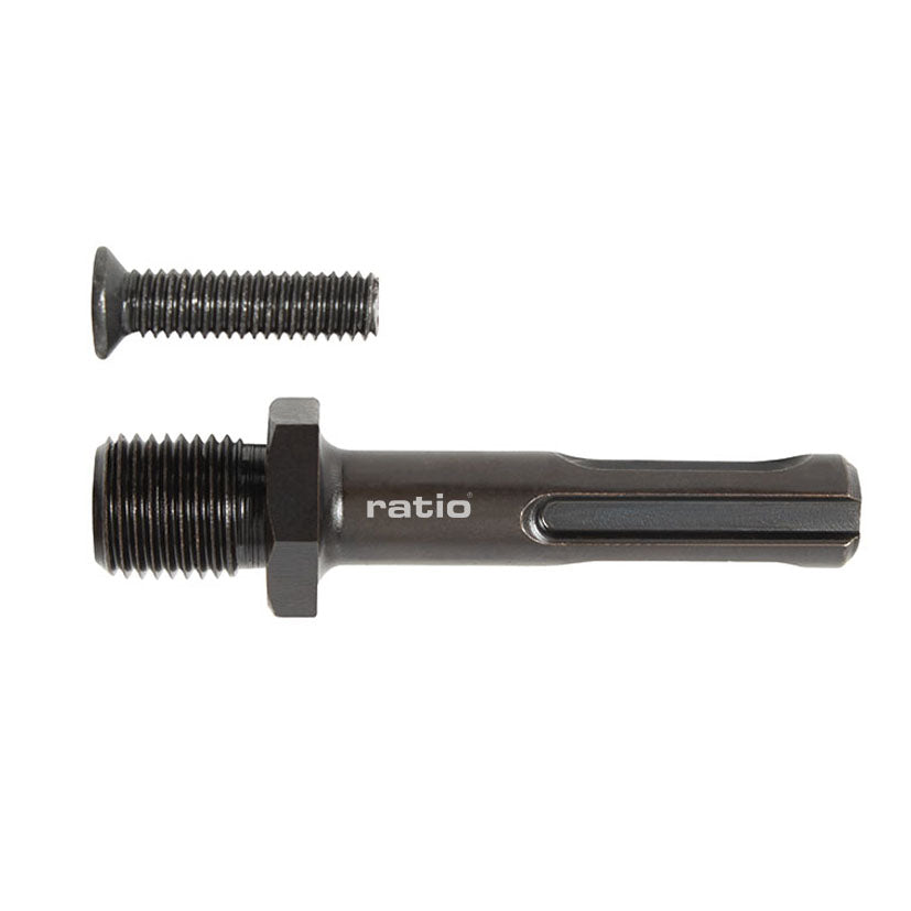 Adaptador portabrocas SDS Plus RATIO de acero negro con tornillo de seguridad M6.