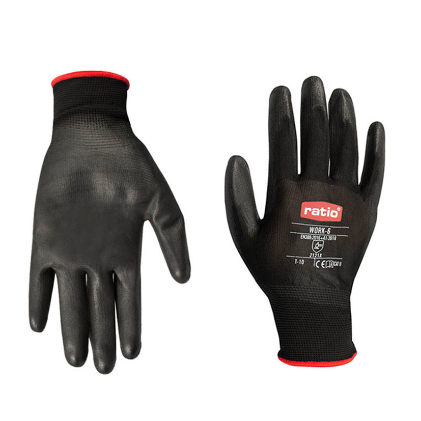 Vista de palma y dorso de guantes de protección RATIO Work-6 mostrando textura y ajuste elástico