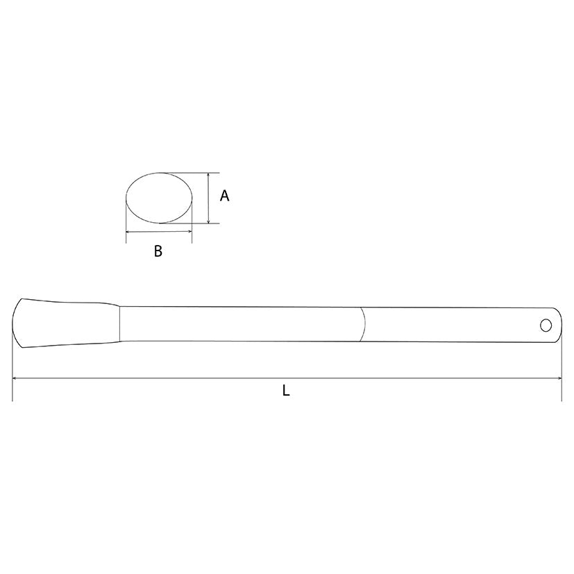 Dibujo técnico de mango ovalado RATIO mostrando dimensiones de la sección transversal A y B y longitud total L.
