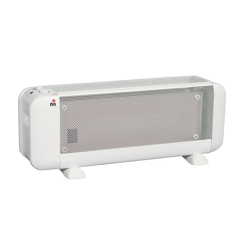 Radiador de mica FM BM-15 blanco de 1500W con termostato regulable y diseño compacto horizontal para suelo.