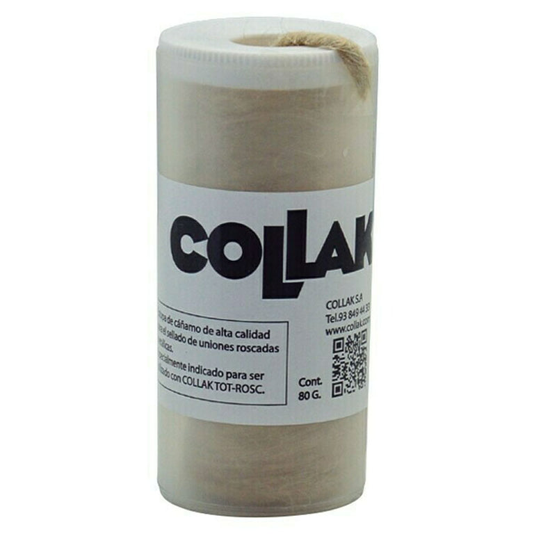 Bote de 80g de estopa de cáñamo COLLAK para sellado de uniones roscadas metálicas en fontanería.