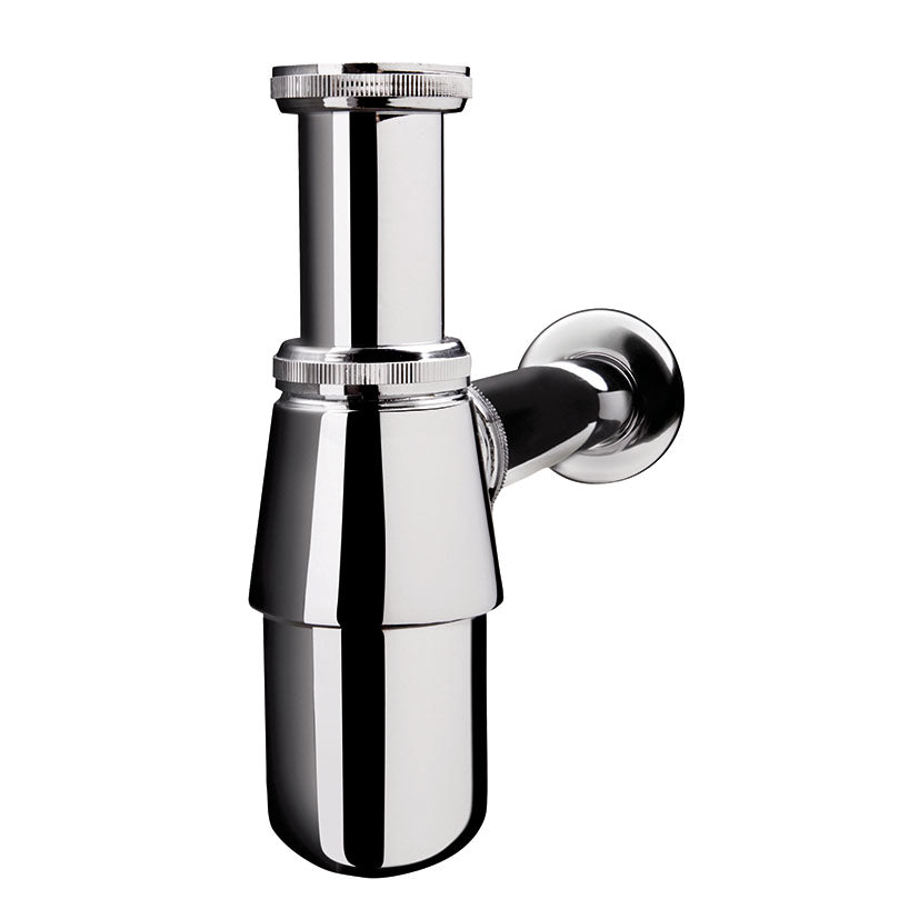 Sifón de botella Wirquin en latón cromado con alargo y embellecedor, regulable en altura para lavabo y bidé.