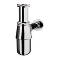 Sifón de botella Wirquin en latón cromado con alargo y embellecedor, regulable en altura para lavabo y bidé.