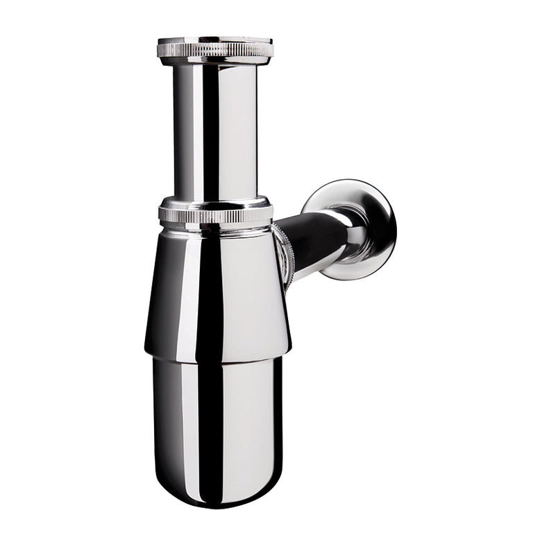 Sifón de botella Wirquin en latón cromado con alargo y embellecedor, regulable en altura para lavabo y bidé.