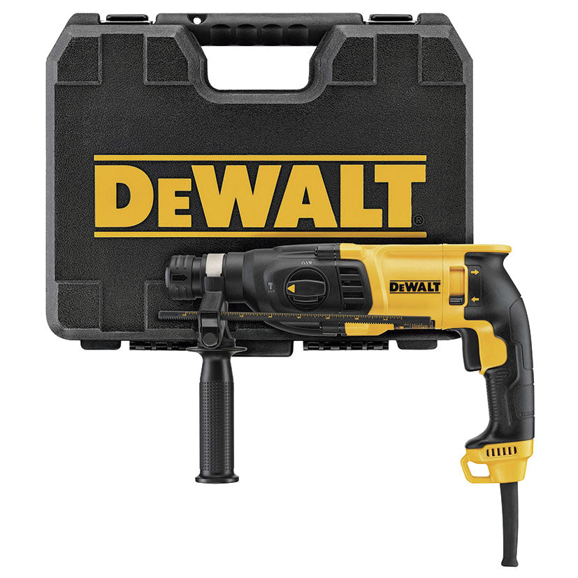 Martillo ligero DEWALT D25133K-QS junto a su maletín de transporte TSTAK negro y amarillo