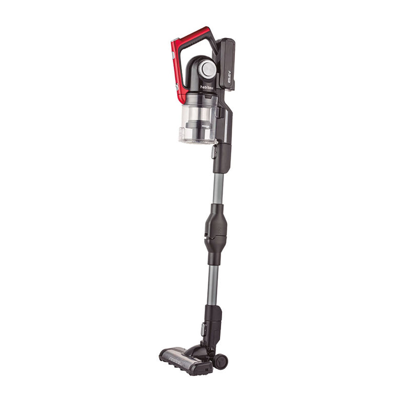 Aspirador escoba sin cable HABITEX VC95218P con tubo articulado y diseño ergonómico en rojo y negro.