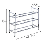 Medidas técnicas zapatero extensible: alto 50cm, fondo 23cm y ancho ajustable de 61,5 a 115cm.