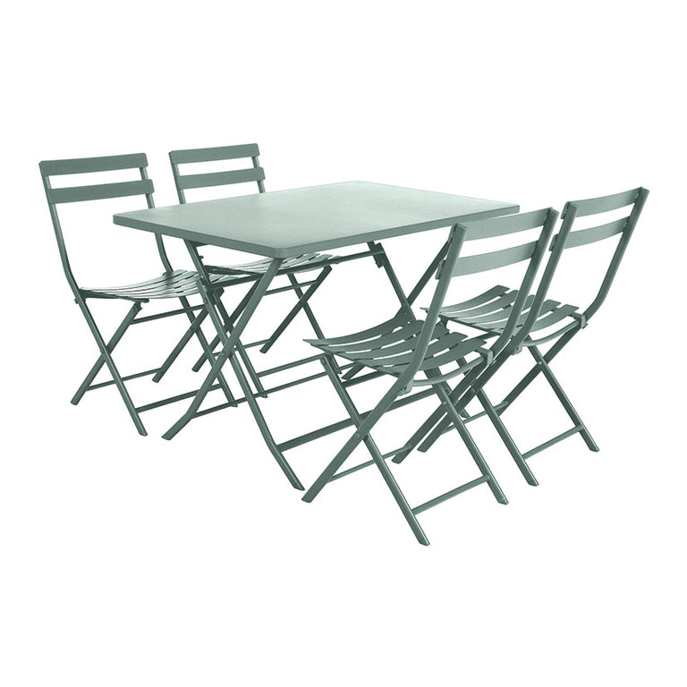 Pack de mesa rectangular y cuatro sillas plegables metálicas color verde