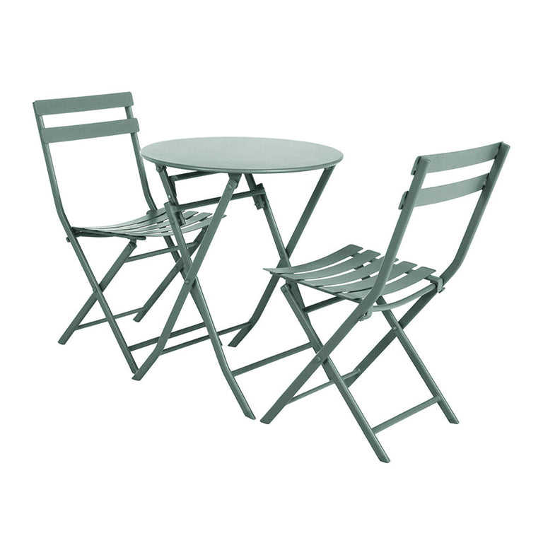 Conjunto de terraza con mesa redonda y dos sillas plegables verdes metálicas