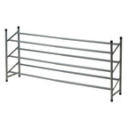 Zapatero metálico extensible de 3 niveles en color gris plata para organización de calzado en el hogar.