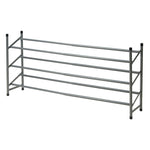 Zapatero metálico extensible de 3 niveles en color gris plata para organización de calzado en el hogar.