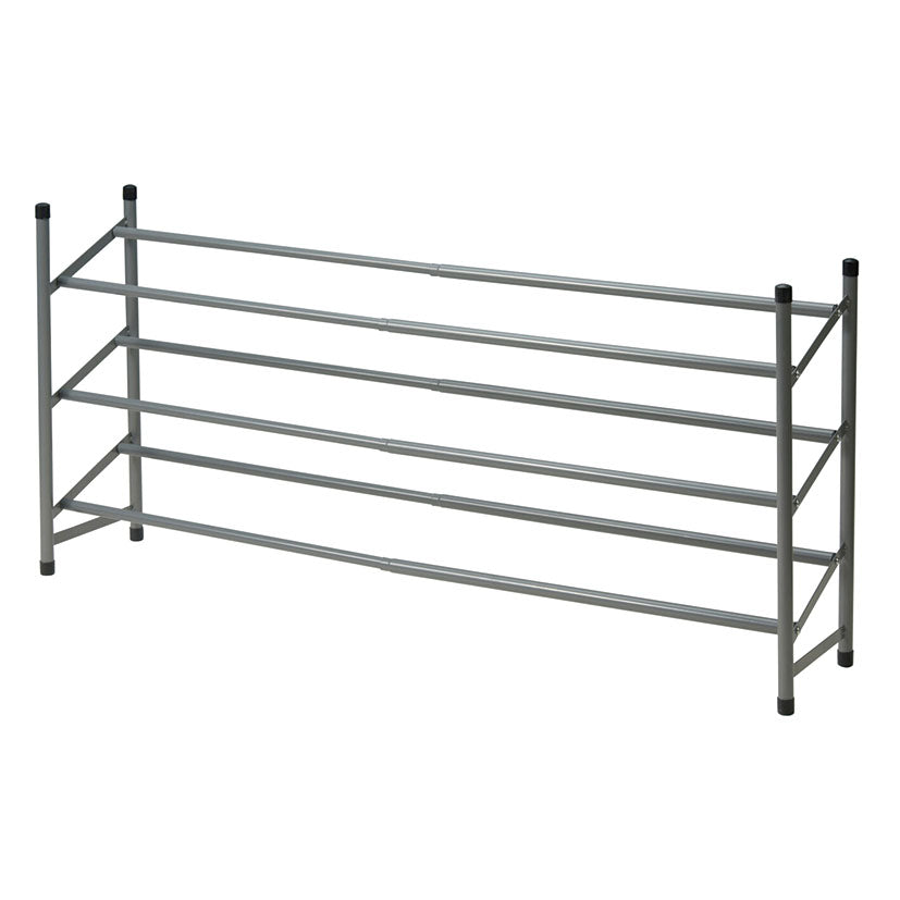 Zapatero metálico extensible de 3 niveles en color gris plata para organización de calzado en el hogar.