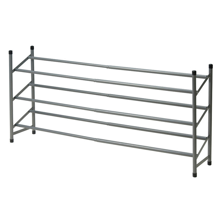 Zapatero metálico extensible de 3 niveles en color gris plata para organización de calzado en el hogar.