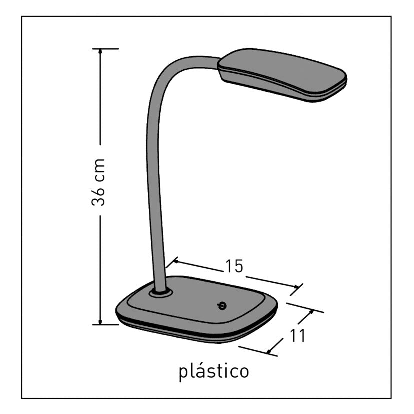 Diagrama de dimensiones de la lámpara Duolec Shiny con altura de 36 cm y base de 15x11 cm