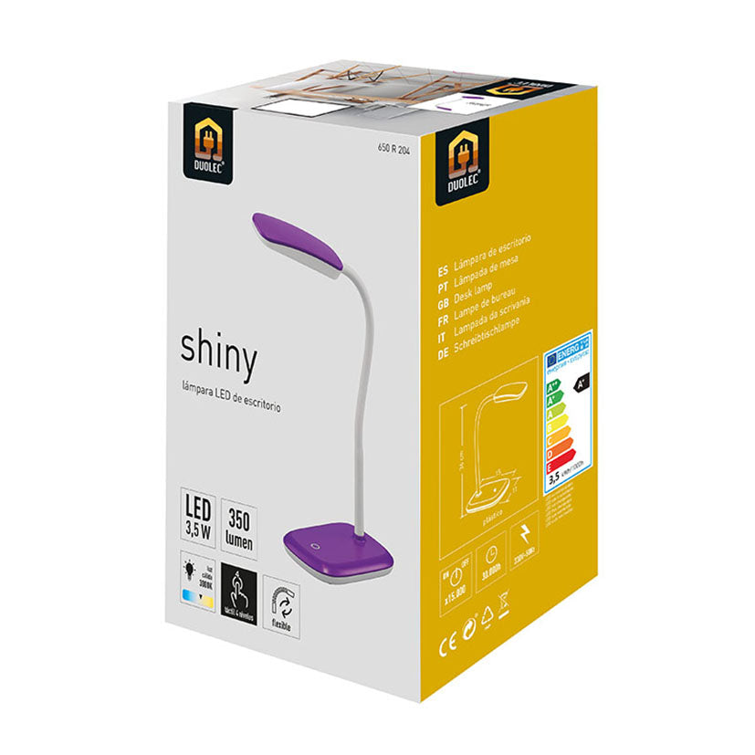 Caja del producto Lámpara LED Shiny Duolec mostrando especificaciones de 350 lúmenes y eficiencia energética