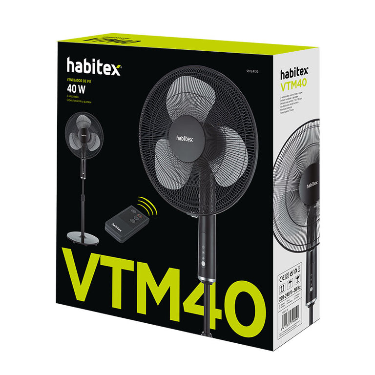 Caja de producto ventilador de pie Habitex VTM40 con especificaciones de 40W