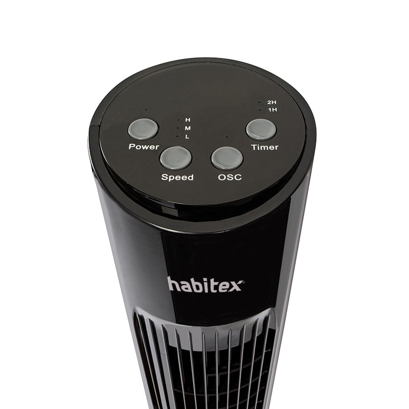 Panel de control superior del ventilador Habitex VT50 con indicadores LED y botones físicos
