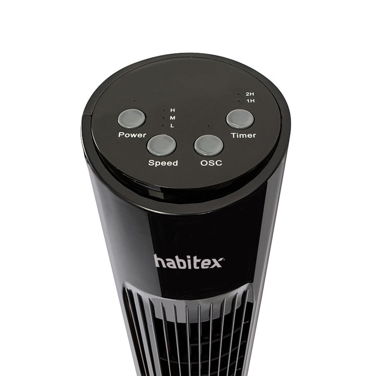 Panel de control superior del ventilador Habitex VT50 con indicadores LED y botones físicos
